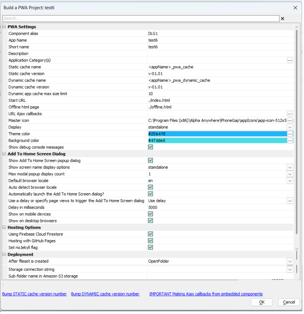 The Build a PWA Project dialog showing PWA Settings.